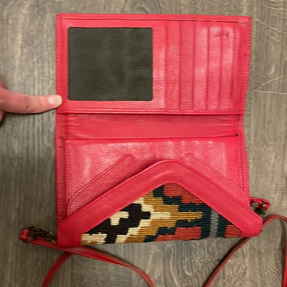 Red Leather Clutch With Aztec Print Embroidery - Picture 3 of 8
